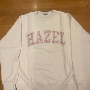 White Sweatshirt with Pink Hazel Print